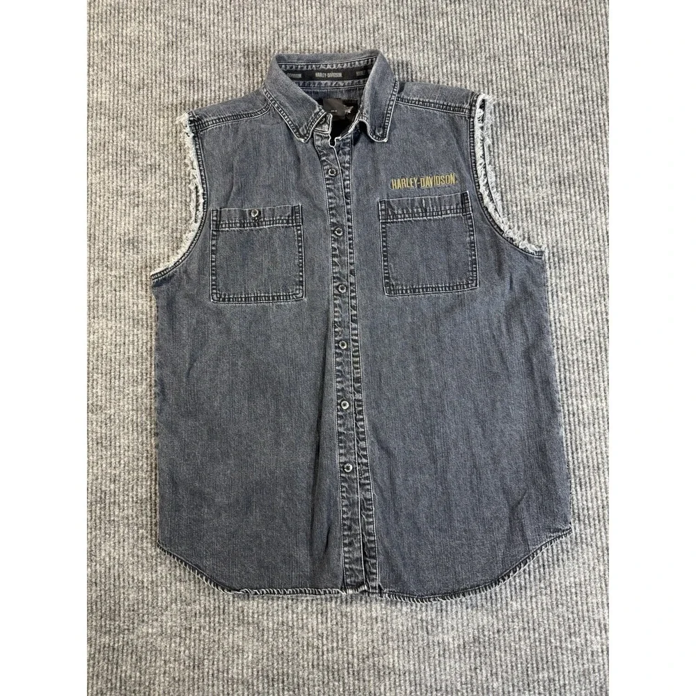 Harley-Davidson Sleeveless‎ Denim Vest Black Button-Up Embroidered Men's Large